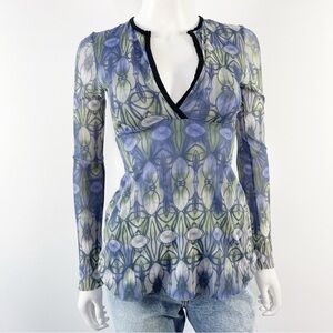 Silver Lining Blue & Green Long Sleeve Mesh Top Size S Y2K Retro Print 90s Fairy